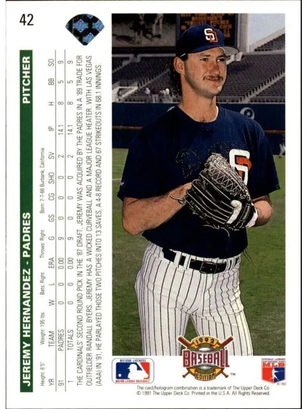 Jeremy Hernandez 1992 Upper Deck MLB #42 Rookie Baseball Card San Diego Padres